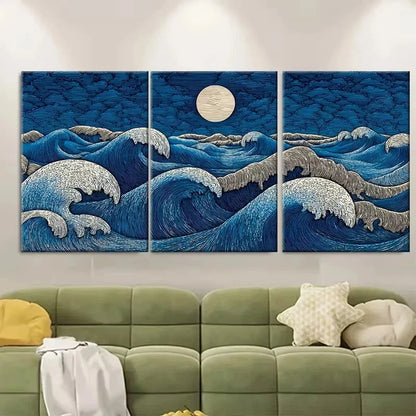 3pcs Moonlit Tides Mystical Wave Ocean Wall Art Set Canvas Framed 50x70cm – High Quality Print 100% Australian Made Wall Canvas Ready to Hang