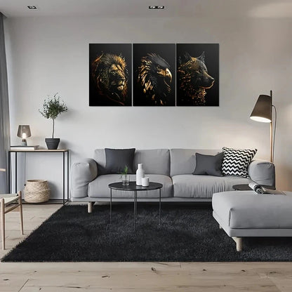 3pcs Golden Lion Eagle & Wolf Vibrant Abstract Metal Print Ready to Hang Art