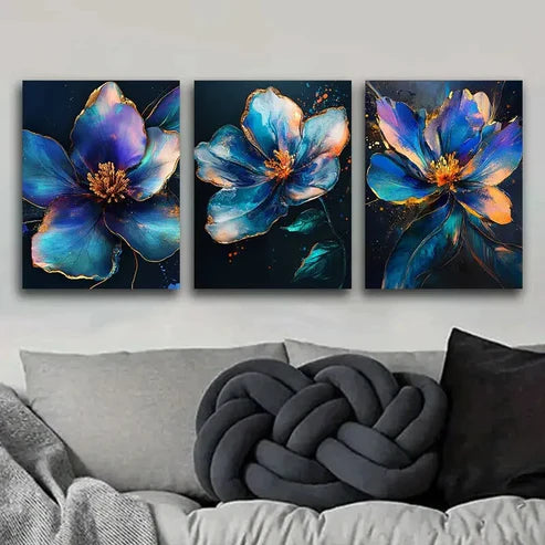 3pcs Colorful Metallic Flowers Nature Blue Wall Art Set Canvas Unframed - High Quality Print 100% Australian Made Wall Canvas