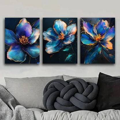 3pcs Colorful Metallic Flowers Nature Blue Wall Art Set Canvas Unframed - High Quality Print 100% Australian Made Wall Canvas