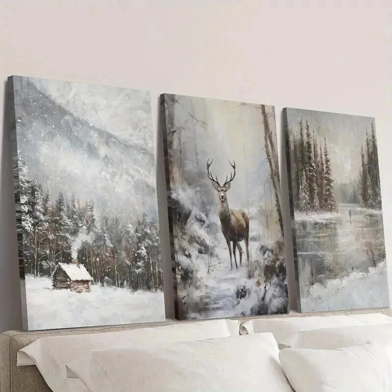 3pcs Retro Winter Landscape & Reindeer Wall Art Set Canvas Framed 40x60cm - High Quality Print 100% Australian Made Wall Canvas Ready to Hang