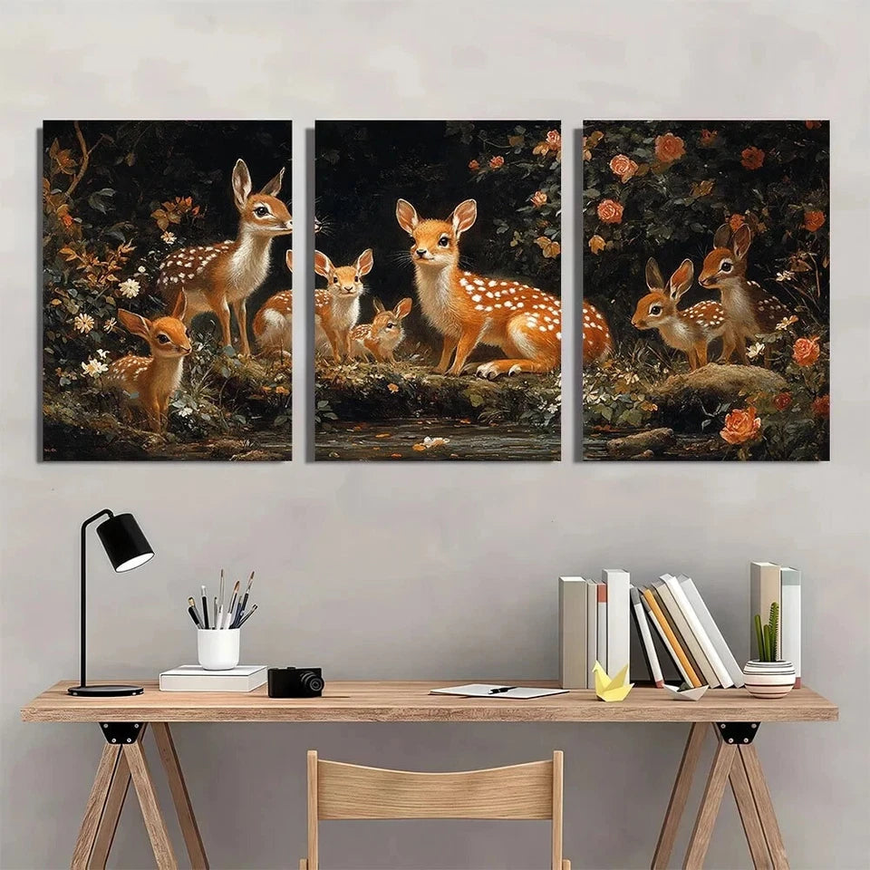 3pcs Fox Hedgehog Rabbit & Sika Deer Forest Metal Print Ready to Hang Art