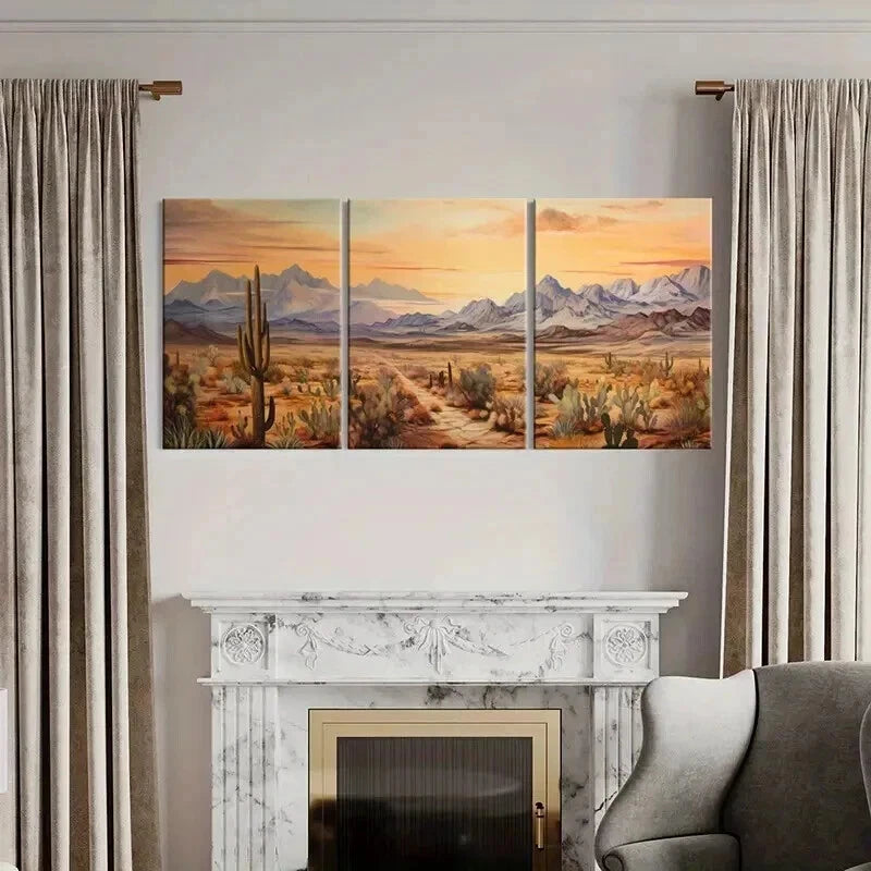 3pcs Cactus Mountains Sunset Orange Sky Wall Art Set Canvas Framed 40x60cm - High Quality Print 100% Australian Made Wall Canvas Ready to Hang