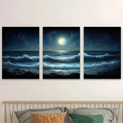 3pcs The Ocean Waves Under The Moon Wall Art Set Canvas Framed 60x90cm - High Quality Print 100% Australian Made Wall Canvas Ready to Hang