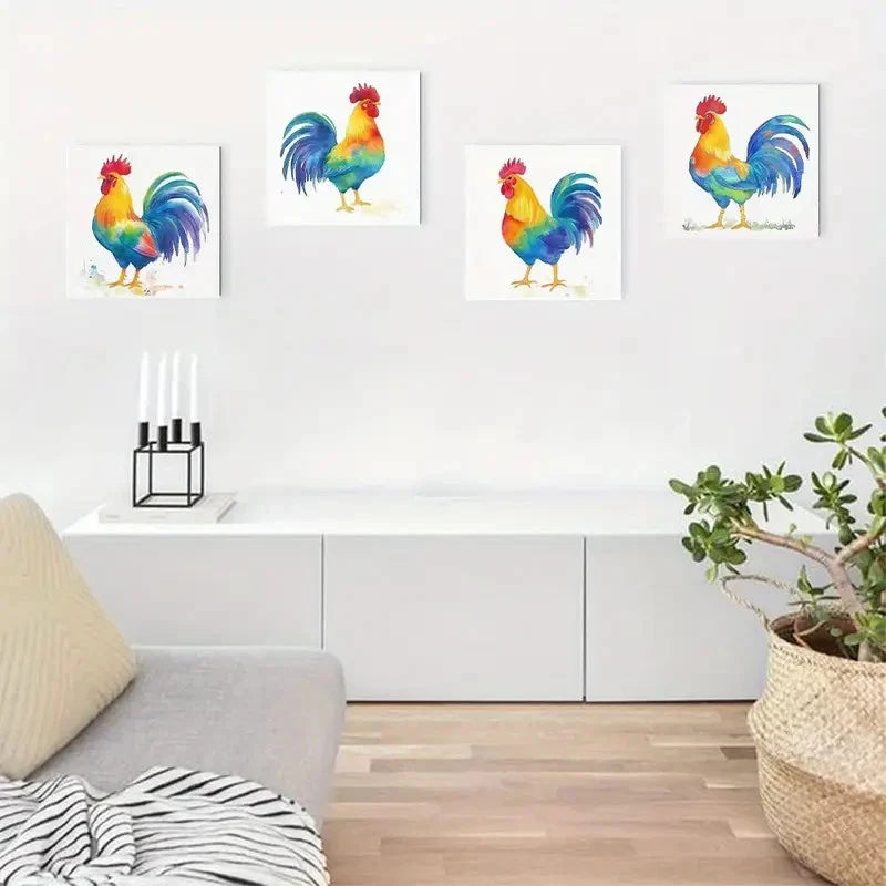 4pcs Colorful rooster Wall Art Canvas Framed