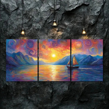 3pcs Boat Navigating On The River Perfect Wall Art Canvas Unframed - High Quality Print 100% Australian Made Wall Canvas