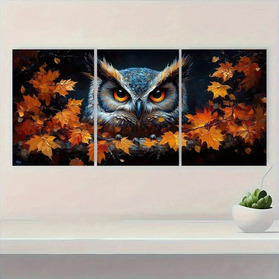 3pcs Halloween Owl Autumn Leaves Metal Print Ready to Hang Art