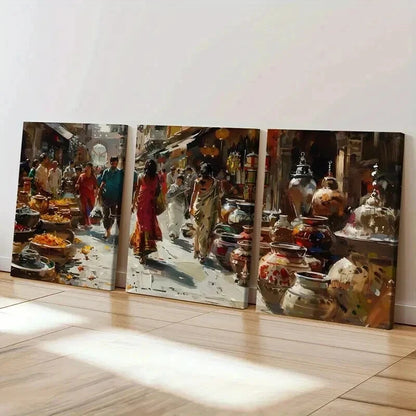3pcs Indian Market Colorful Pottery Wall Art Set Canvas Framed 40x60cm - High Quality Print 100% Australian Made Wall Canvas Ready to Hang