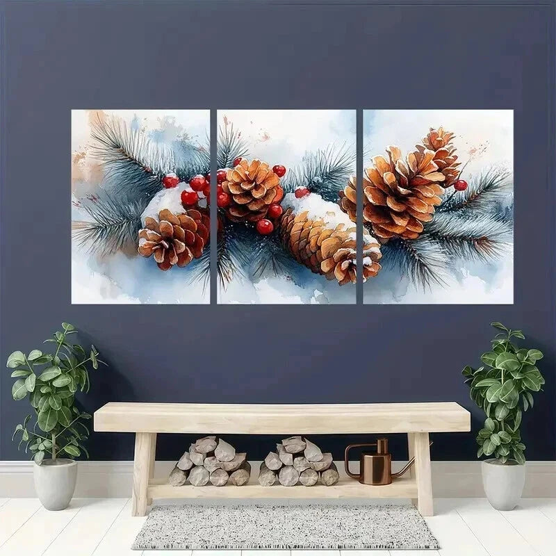 3pcs Snowy Pine Cones & Berries Decorations Wall Art Set Canvas Framed 40x60cm - High Quality Print 100% Australian Made Wall Canvas Ready to Hang
