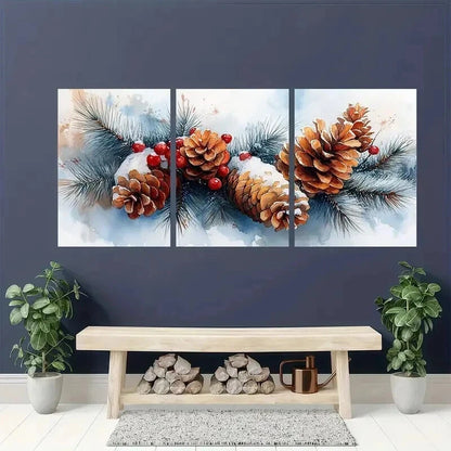3pcs Snowy Pine Cones & Berries Decorations Wall Art Set Canvas Framed 40x60cm - High Quality Print 100% Australian Made Wall Canvas Ready to Hang