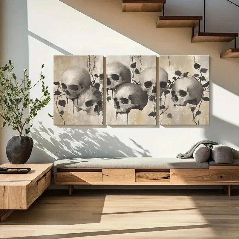 3pcs Skull Distressed Texture with Withered Vines Metal Print Ready to Hang Art
