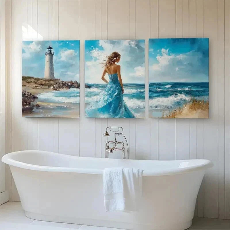 3pcs Coastal Serenity Lighthouse Ocean Perfect Wall Art Set Canvas Framed 40x60cm - High Quality Print 100% Australian Made Wall Canvas Ready to Hang