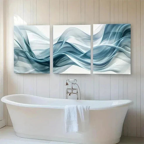 3pcs Abstract Wave Flowing Blue White Wall Art Canvas Unframed - High Quality Print 100% Australian Made Wall Canvas
