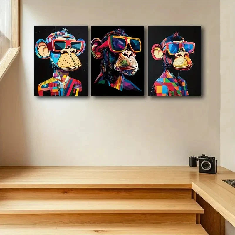 3pcs Fashion Glasses Monkey Art Painting Metal Print Ready to Hang Art