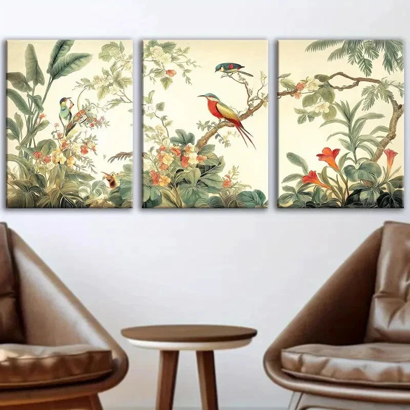 3pcs Vibrant Abstract Flowers Birds Perfect Wall Art Set Canvas Framed 40x60cm - High Quality Print 100% Australian Made Wall Canvas Ready to Hang