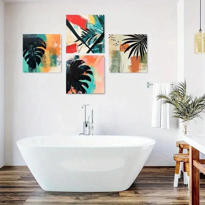 4pcs Black Silhouette Square Palm Leaf Posters Wall Art Canvas Framed