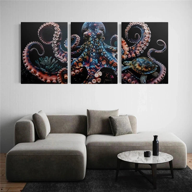 3pcs Multicolour Octopus Sea Animal Metal Print Ready to Hang Art
