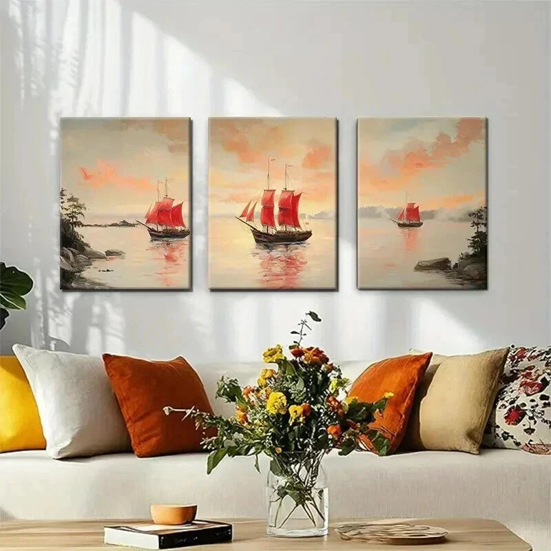 3pcs Sailboat Sunset Seascape Maritime Perfect Wall Art Set Canvas Framed 40x60cm - High Quality Print 100% Australian Made Wall Canvas Ready to Hang