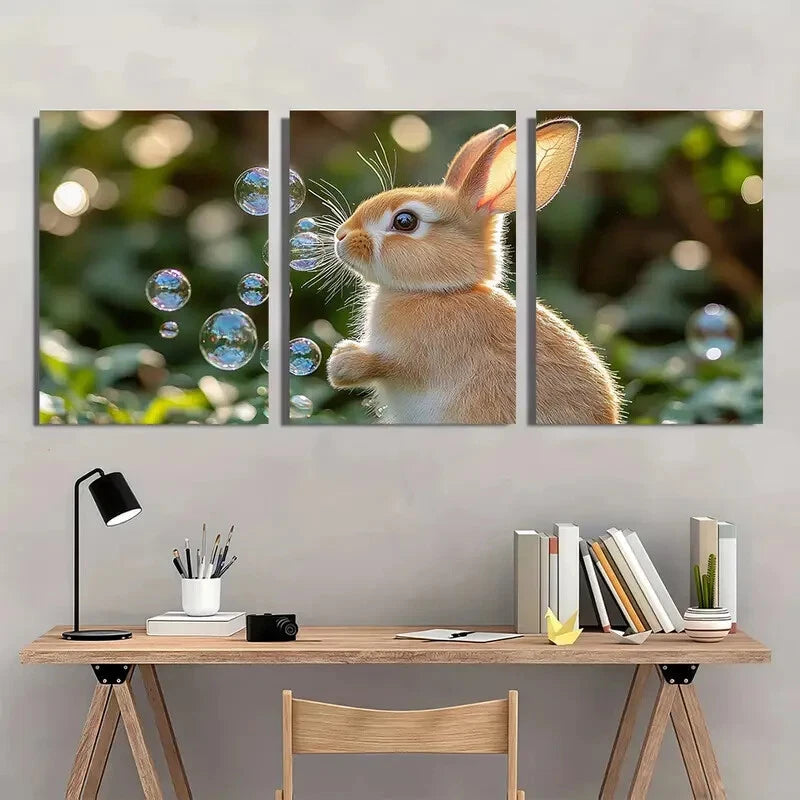 3pcs Whimsical Bubble Blowing Rabbit Metal Print Ready to Hang Art