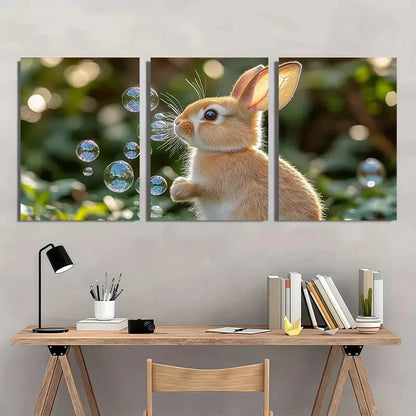 3pcs Whimsical Bubble Blowing Rabbit Metal Print Ready to Hang Art