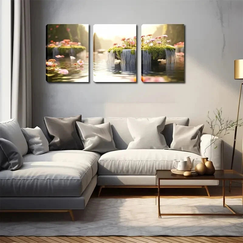 3pcs Waterfall & Green Island Décor Perfect Wall Art Set Canvas Framed 40x60cm - High Quality Print 100% Australian Made Wall Canvas Ready to Hang