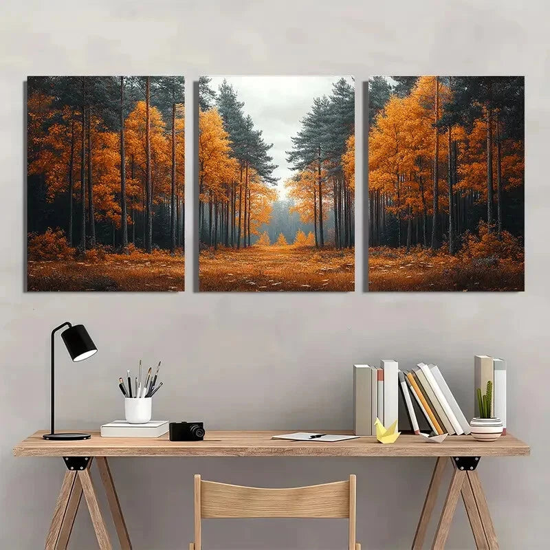 3pcs Serene Pine Tree Forest Autumn Metal Print Ready to Hang Art