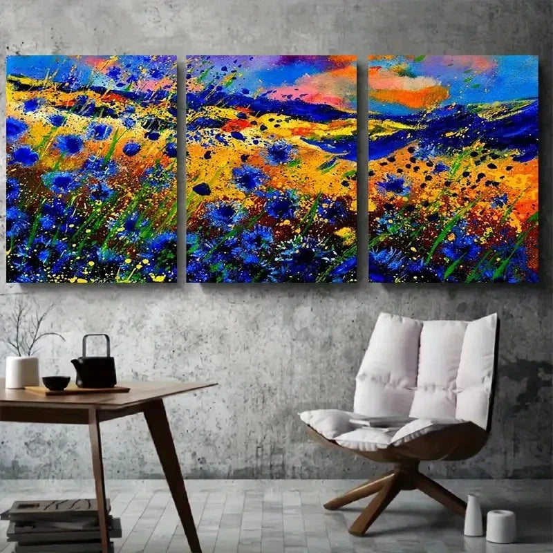 3pcs Bold Blue & Yellow Nature Inspired Metal Print Ready to Hang Art