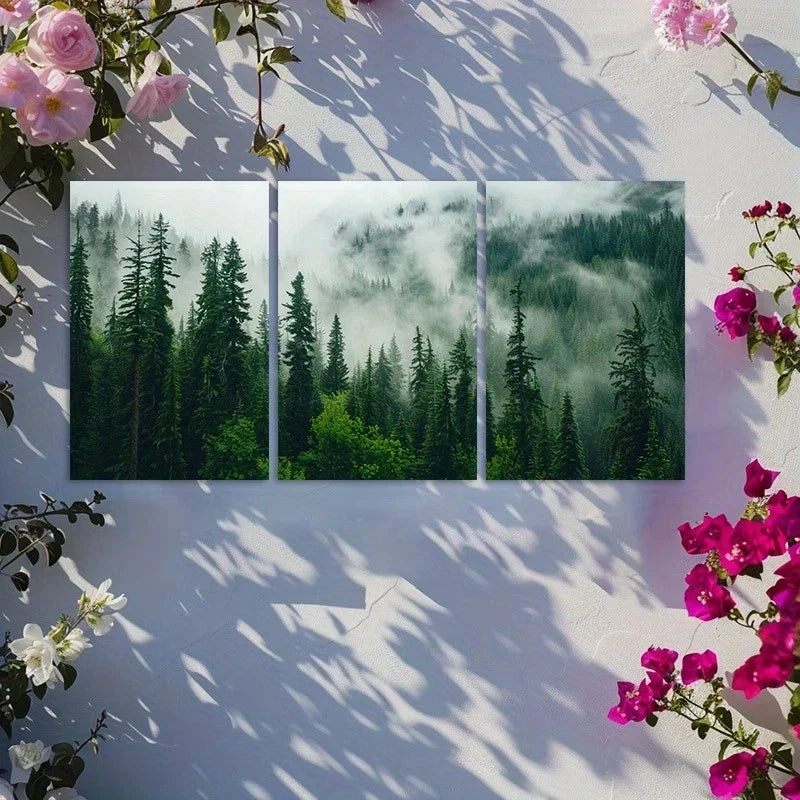 3pcs Mountain and Dark Green Pine Forest Scenes Metal Print Ready to Hang Art