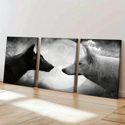 3pcs Black & White Two Wolves Under The Moon Wall Art Set Canvas Framed 40x60cm - High Quality Print 100% Australian Made Wall Canvas Ready to Hang
