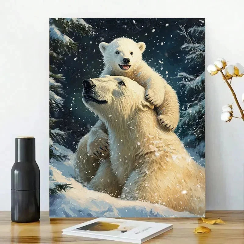 Polar Bear & Cub Playing in Snow, Winter Wildlife 40x60cm Metal Print Ready to Hang