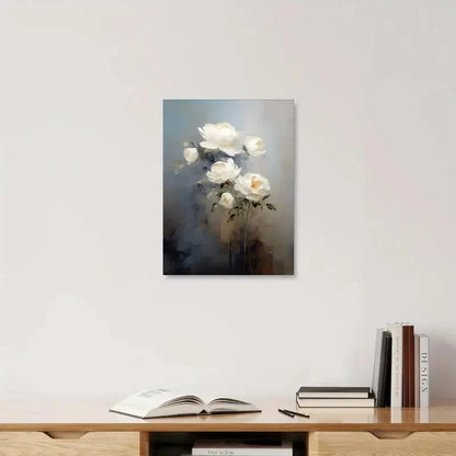 Framed artwork of white flowers on a wall above a shelf with books and an open book.