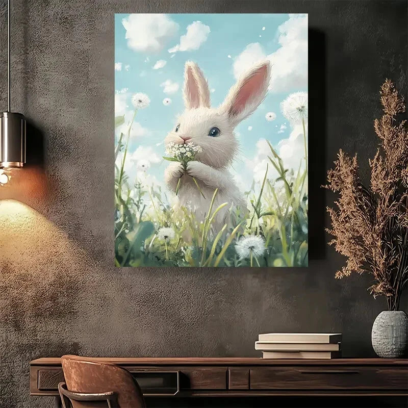 Beautiful Fluffy Bunny In Dandelion Field Painting 40x60cm Metal Print Ready to Hang