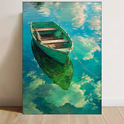 Emerald Escape: Tranquil Green Boat Metal Print Ready to Hang