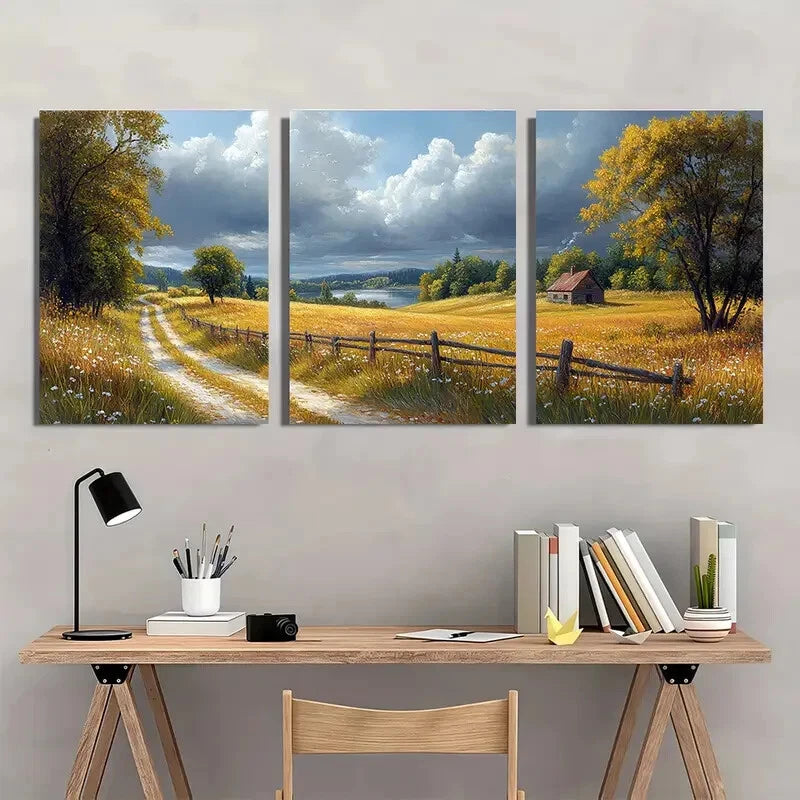 3pcs Serene Pathways Daisies and Tranquil Houses Metal Print Ready to Hang Art