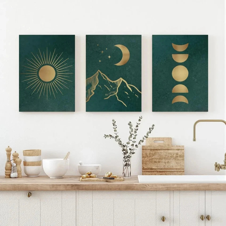 3pcs Emerald Green Sun And Moon Metal Print Ready to Hang Art