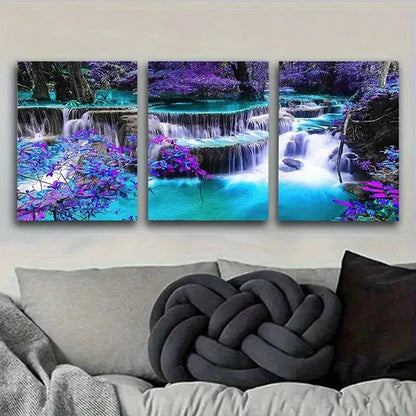 3pcs Mystical Waterfall and Blossoms Wall Art Canvas Unframed - High Quality Print 100% Australian Made Wall Canvas
