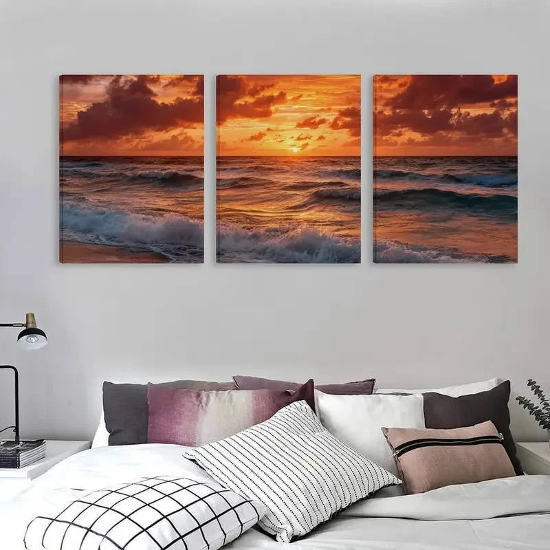 3pcs Orange Red Yellow Pink Blue Ocean Sunset Wall Art Set Canvas Framed 60x90cm - High Quality Print 100% Australian Made Wall Canvas Ready to Hang