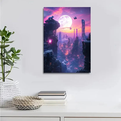 Vibrant Sunset Sky with Glowing Moon Painting 40x60cm Metal Print Ready to Hang