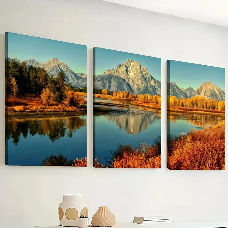 3pcs Mountain Lake Land Autumn Nature Perfect Wall Art Set Canvas Framed 40x60cm - High Quality Print 100% Australian Made Wall Canvas Ready to Hang