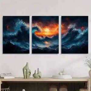 3pcs Vibrant Blue Sea and Sunset Abstract Metal Print Ready to Hang Art