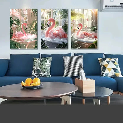 3pcs  Fluffy Pink Flamingo in Bathtub Wall Art Set Canvas Framed 60x90cm - High Quality Print 100% Australian Made Wall Canvas Ready to Hang