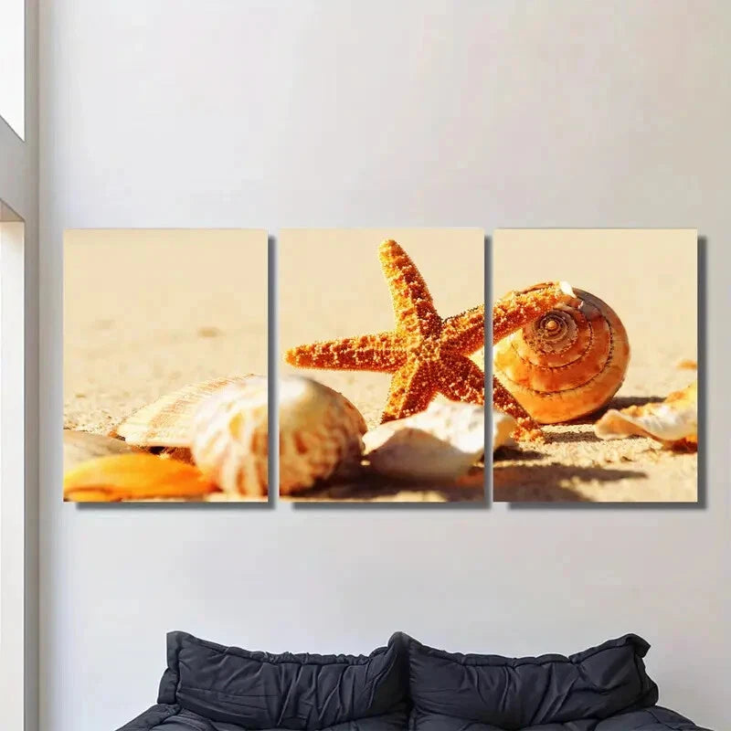 3pcs Beach Seashells & Starfish Triptych Coastal Metal Print Ready to Hang Art