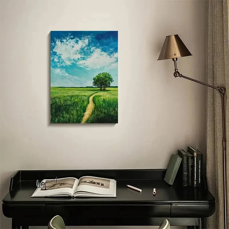 Serene Green Grassland with Lone Tree Painting 40x60cm Metal Print Ready to Hang