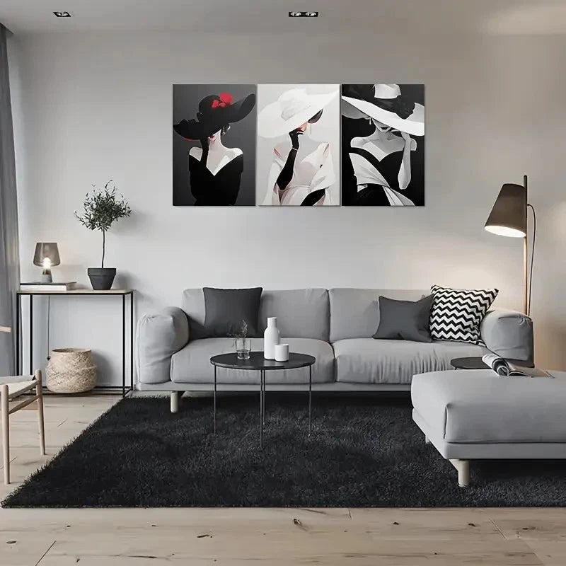 3pcs Modern Abstract Elegant Woman in Hat Metal Print Ready to Hang Art