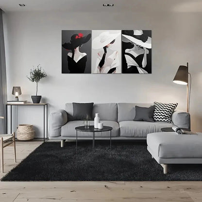 3pcs Modern Abstract Elegant Woman in Hat Metal Print Ready to Hang Art