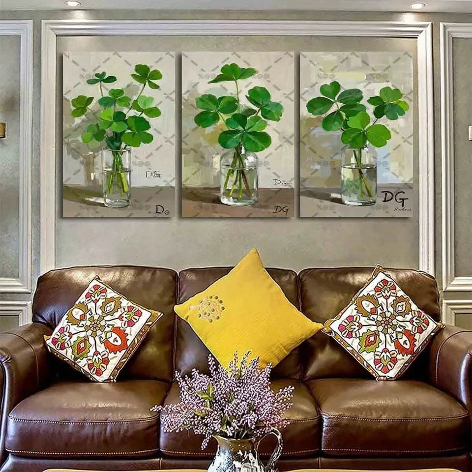 3pcs Vibrant Leaf Clover Oil Painting Metal Print Ready to Hang Art