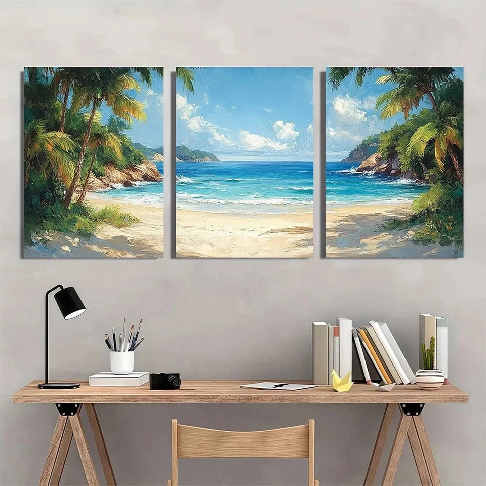 3pcs Tropical Sandy Beach View Greenery Scene Wall Art Set Canvas Framed 50x70cm - High Quality Print 100% Australian Made Wall Canvas Ready to Hang