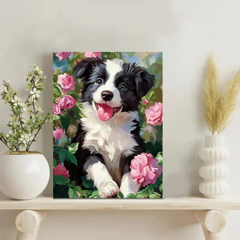 Collie Puppy Black and White Dog with Pink Roses 40x60cm Metal Print Ready to Hang