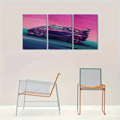 3pcs Vibrant Retro Car Triptych Metal Print Ready to Hang Art