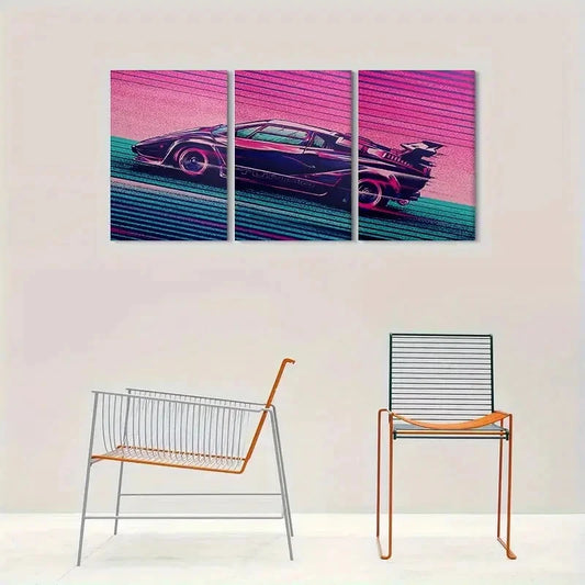3pcs Vibrant Retro Car Triptych Metal Print Ready to Hang Art